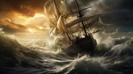 Foto op Plexiglas Sailing ship is in distress. Sailboat in a strong storm with large waves. Water element concept, wreck. © Alina Tymofieieva