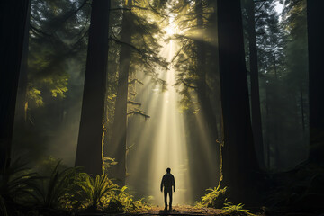 ray of light and hiker in the forest, AI generated - obrazy, fototapety, plakaty