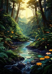 Psychedelic Oasis Captivating Forest Stream Illustration