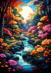Fototapeta na wymiar The Art of Nature Psychedelic Forest Stream Illustration