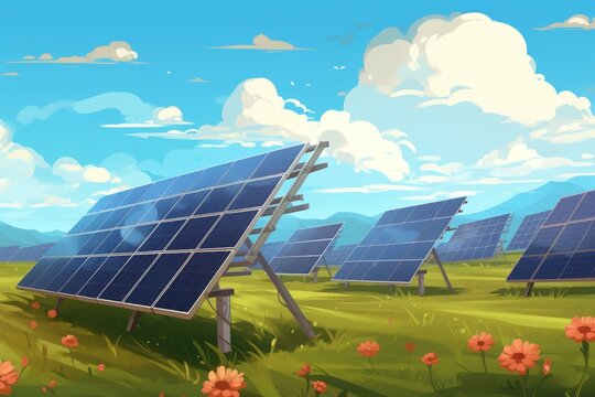 Illustration of solar panels in a field. Renewable energy and environmental care concept. Generative AI