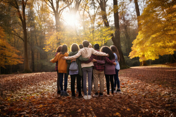 Group of mix race young teenaged people hugging each other in the park supporting each other symbolizing unity, back view - obrazy, fototapety, plakaty