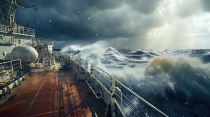 The deck of a ship is flooded with water during a storm. The ship's deck is flooded. Natural disaster concept. - obrazy, fototapety, plakaty
