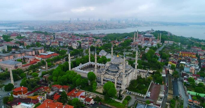 Aerial Hagia Sophia Blue Mosque Istanbul Turkey Jib Lowering Establishing Drone Shot