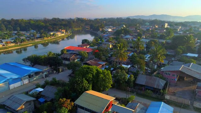 Aerial Northern Myanmar Neck Tribe Kayan Karenni People Group Burma Tourisim Sunrise Tropical Palm Trees