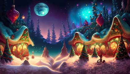 Cartoon winter landscape with christmas tree, houses and moon in the fantasy village - obrazy, fototapety, plakaty