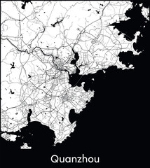 Quanzhou Minimal City Map (China, Asia) black white vector illustration