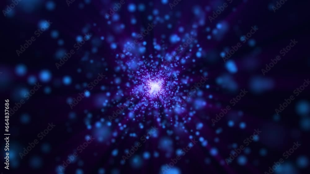 Poster abstract particles flying at the camera, animation of glowing particles emitting rays of light, part