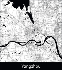 Yangzhou Minimal City Map (China, Asia) black white vector illustration
