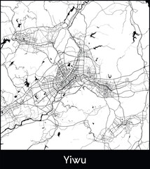 Yiwu Minimal City Map (China, Asia) black white vector illustration