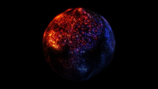 Abstract glowing sphere of blue and orange particles, energy ball shining brightly, magic plasma ball, waves from particles and dots, abstract background, seamless loop