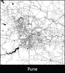 Pune Minimal City Map (India, Asia) black white vector illustration