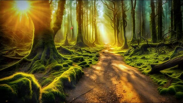 View of a dirt road in a mystical forest with fallen leaves and sunlight. 4K quality looping video