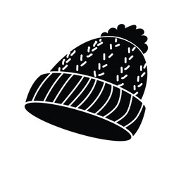 Knitted hat silhouette, head wear, clothes. Knitwear, headwear for winter, autumn season. Childs headdress. Flat vector illustration isolated on white background
