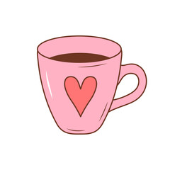 Cute mug with a heart. Glamour cup with tea or coffee. Color doodle icon.