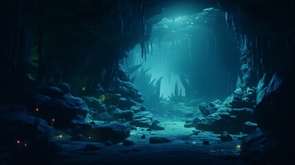 A surreal underwater cave with bioluminescent creatures illuminating the rocky walls.