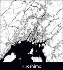 Hiroshima Minimal City Map (Japan, Asia) black white vector illustration