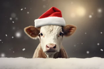 Foto op Plexiglas A cow wearing christmas hat. Christmas greeting card with cow. isolated on background.  © Gasi