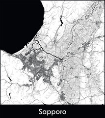 Sapporo Minimal City Map (Japan, Asia) black white vector illustration