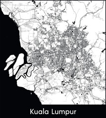 Naklejka premium Kuala Lumpur Minimal City Map (Malaysia, Asia) black white vector illustration