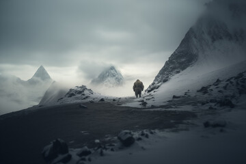 Silhouette of a yeti in the distance in the Himalayas, bigfoot concept - obrazy, fototapety, plakaty