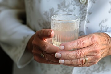 Old human hands close up grandmother holding glass of mineral water woman drinking fresh clear health pure refreshing beverage wellbeing thirsty detox aqua home natural liquid care elderly pensioner