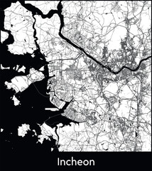 Obraz premium Incheon Minimal City Map (South Korea, Asia) black white vector illustration