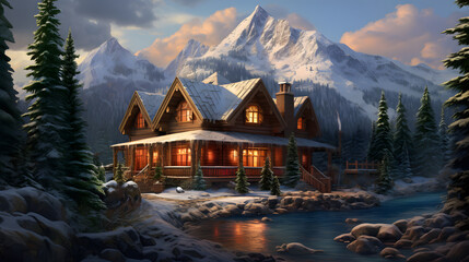 Obraz premium Show the inviting charm of a cozy mountain cabin, highlighting the warm, detailed interiors against the backdrop of rugged, picturesque mountains.