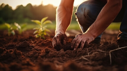 Farmer's hands hold black soil in the field. Male hands touch the soil, checking the quality before sowing. Ecology, gardening concept.