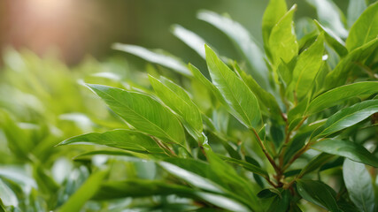 Fototapeta na wymiar Close-up of green leaves of the plant, Green tea bud and fresh leaves. medicine plant wallpaper