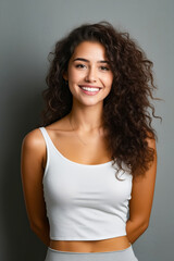 Woman with long hair smiling for picture with smile.