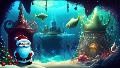 Fantasy Christmas landscape with christmas tree in underwater world with Santa Claus