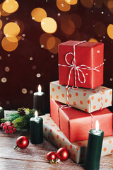 Christmas gift boxes with decoration on the table