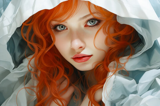 Painting of woman with red hair and blue eyes.