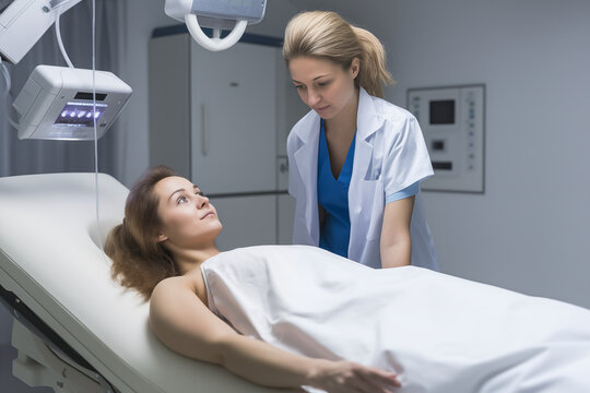 A female radiographer is positioning a patient for an X-ray, adjusting the machine for optimal imaging in a high-tech room