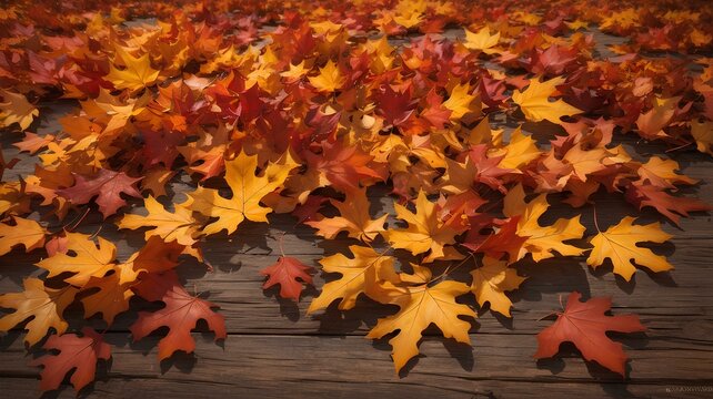 Autumn leaves of maple tree on the floor in different colors of red, yellow & brown. Background picture represent autumn vibe. AI Generated