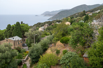 Fototapeta na wymiar View op Cap Corse in Corsica with Luro, Pino, Canari, Alba and Genoese tower