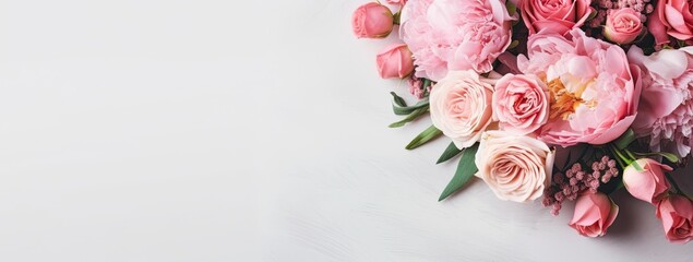 Fresh bunch of pink peonies and roses with copy space. - obrazy, fototapety, plakaty