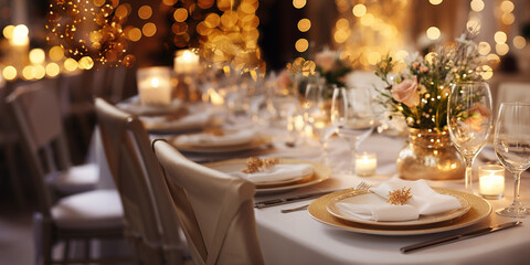 Naklejka premium Elegante y selecta mesa de restaurante. Mesa decorada para celebración de navidad y año nuevo. Luz suave y ambiente romántico. Ai generado.