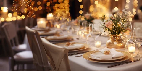 Fotobehang Elegante y selecta mesa de restaurante. Mesa decorada para celebración de navidad y año nuevo. Luz suave y ambiente romántico. Ai generado. © C.Castilla