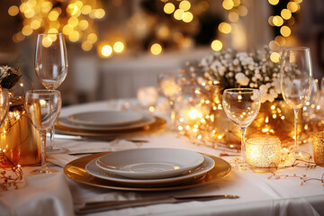 Elegante y selecta mesa de restaurante.
Mesa decorada para celebración de navidad y año nuevo. Luz suave y ambiente romántico. Ai generado. - obrazy, fototapety, plakaty