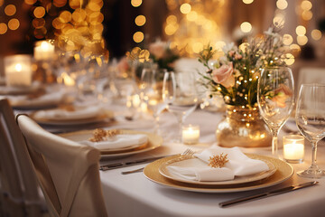 Naklejka premium Elegante y selecta mesa de restaurante. Mesa decorada para celebración de navidad y año nuevo. Luz suave y ambiente romántico. Ai generado.