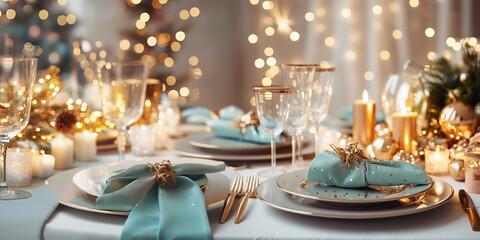 Elegante y selecta mesa de restaurante.
Mesa decorada para celebración de navidad y año nuevo. Luz suave y ambiente romántico. Ai generado. - obrazy, fototapety, plakaty
