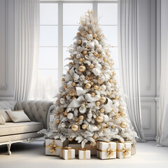 Fototapeta premium Gran pino blanco de Navidad decorado con plata y oro. regalos en el suelo. Elegante casa decorada para Navidad.