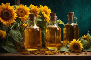 Sunflower oil in glass bottles with sunflowers on wooden background