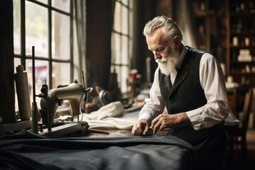 Mature tailor working in atelier near window. Man textile designer fabric. Generate Ai