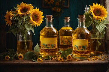 Obraz na płótnie Canvas Sunflower oil in glass bottles with sunflowers on wooden background