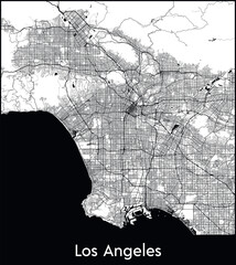 Los Angeles Minimal City Map (United States, North America) black white vector illustration