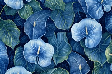 Blue-toned dark blue floral pattern with anthurium flowers and leaves. Generative AI