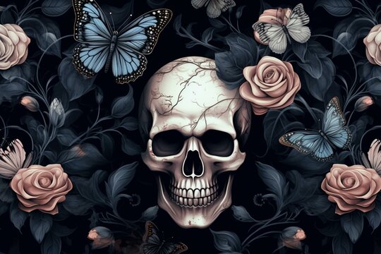 Dark vintage wallpaper with skull, butterfly & peony pattern. Suitable for fabric, paper or canvas. Hand-drawn 3D design. Generative AI